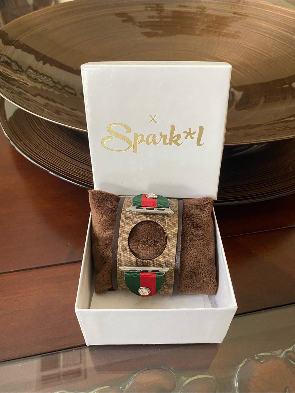 Spark*l Brown Signature Canvas Watch Cuff with Green & Red for Apple Watch 38mm